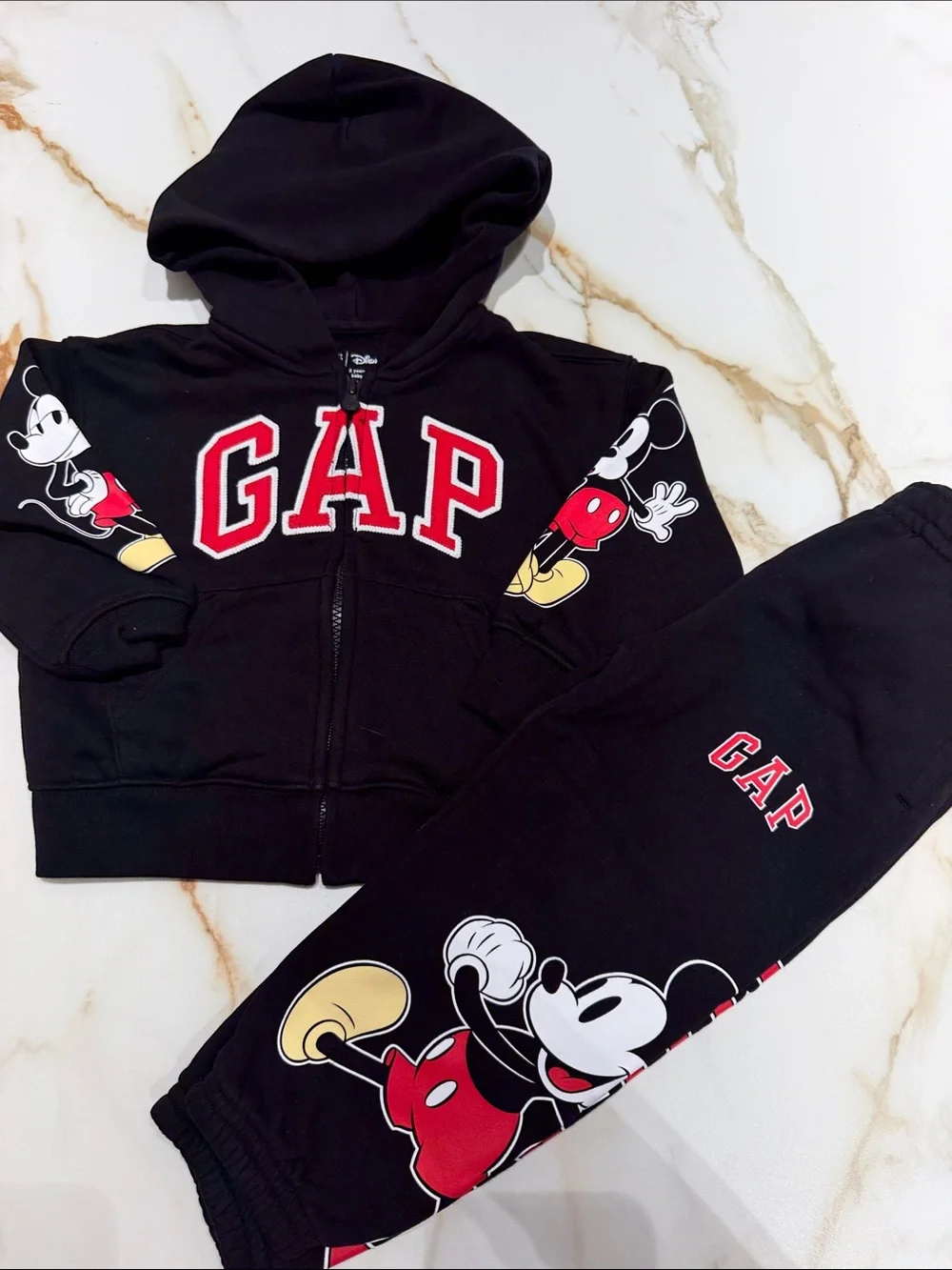 GAP Black Hoodie and Jogger Set with Red & Yellow Mickey Accents 2T